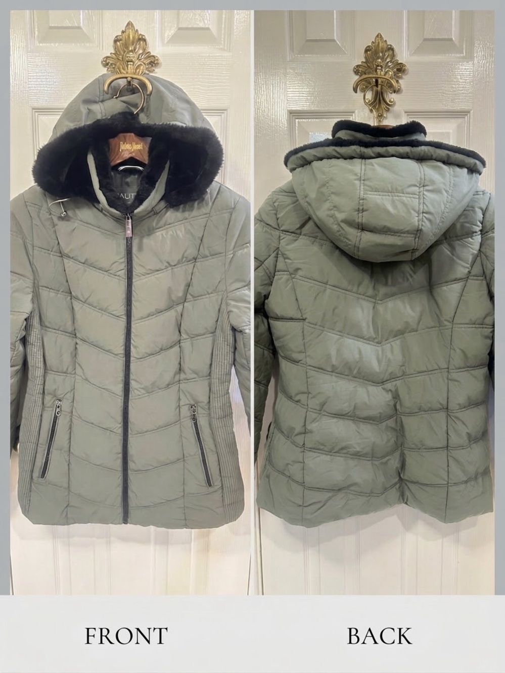 Náutica Sage Green Quilted Puffer Jacket Coat Detachable Hood Faux Fur Sz Large